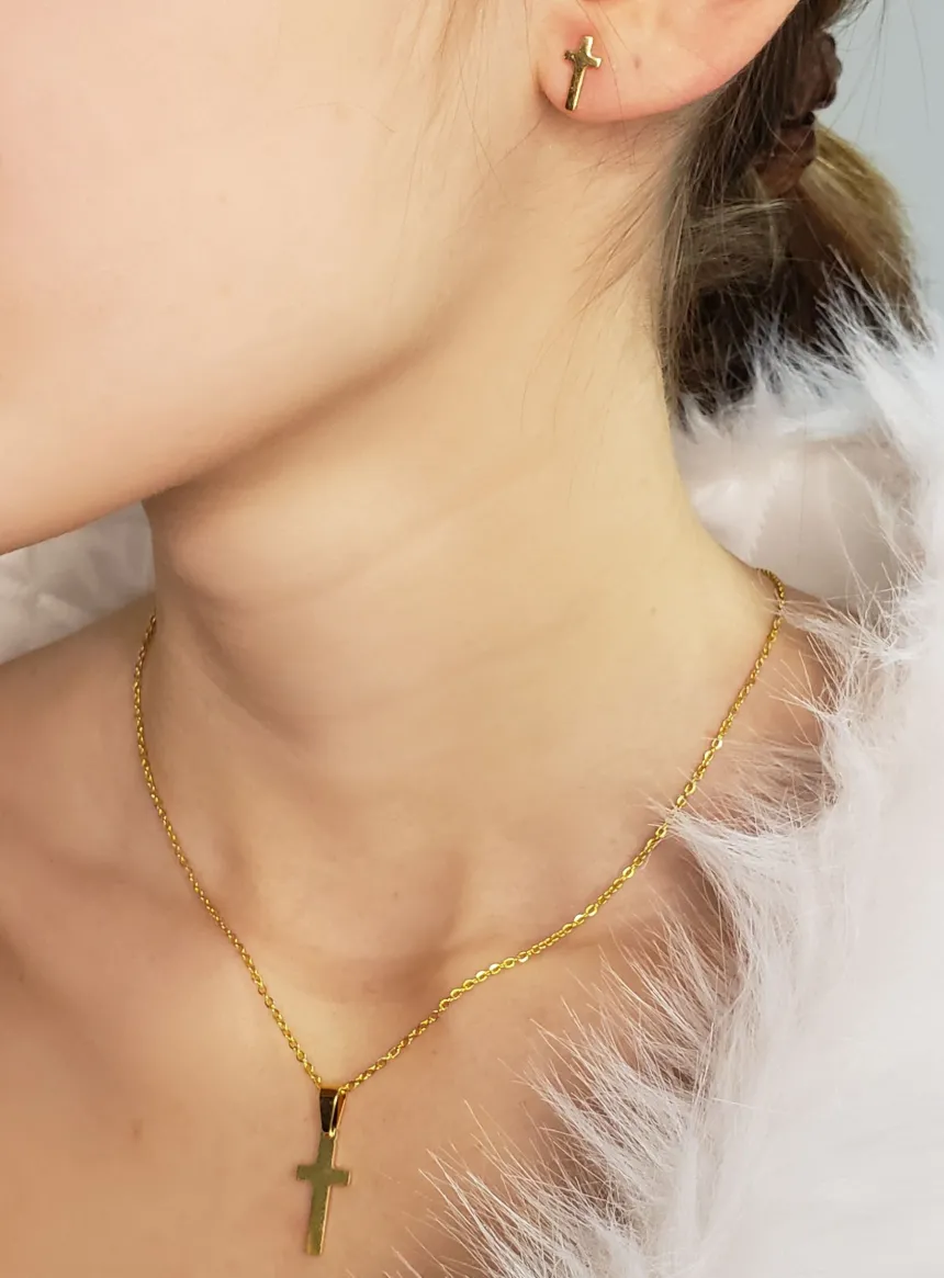 parure collier petite croix + boucles assorties