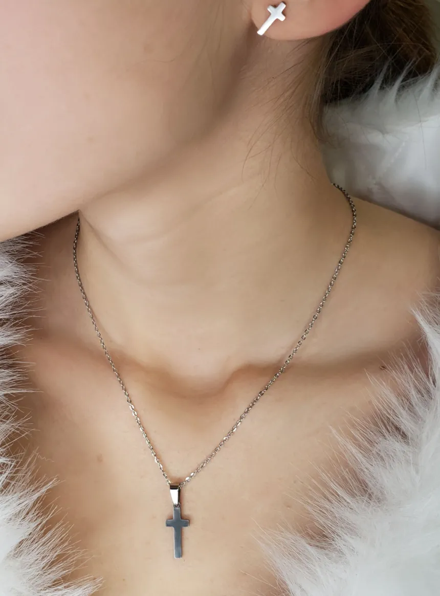 parure collier petite croix + boucles assorties