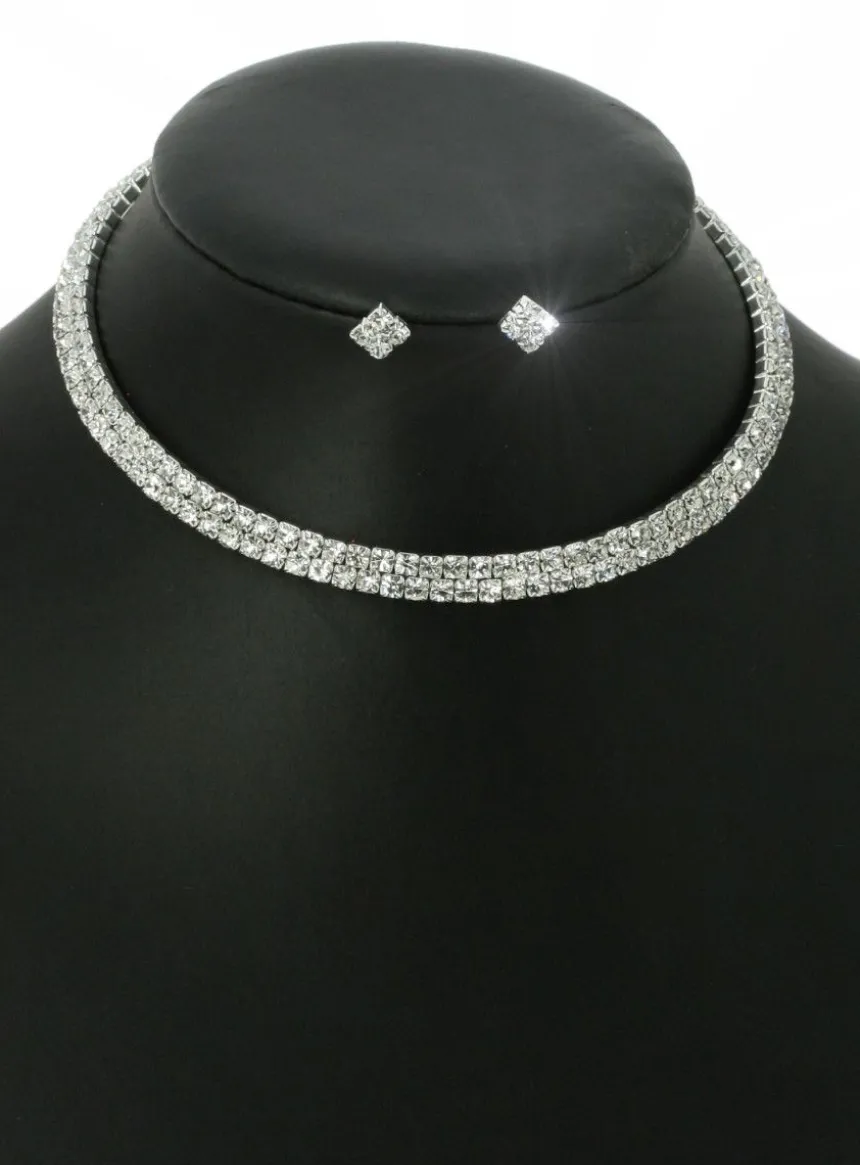 Parure de soirée collier ras du cou + boucles strass