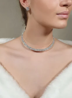 Parure de soirée collier ras du cou + boucles strass