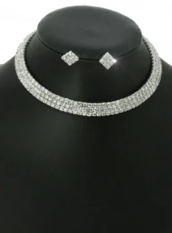 Parure de soirée collier ras du cou + boucles strass