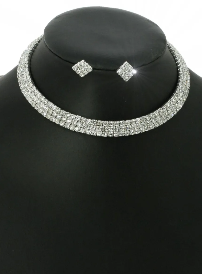 Parure de soirée collier ras du cou + boucles strass