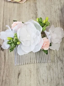 Peigne cheveux fleurs blanches et roses Blanc