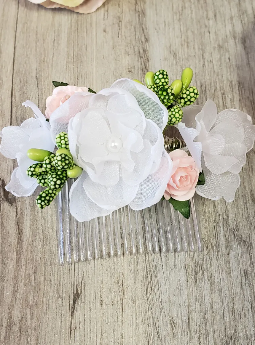 Peigne cheveux fleurs blanches et roses Blanc