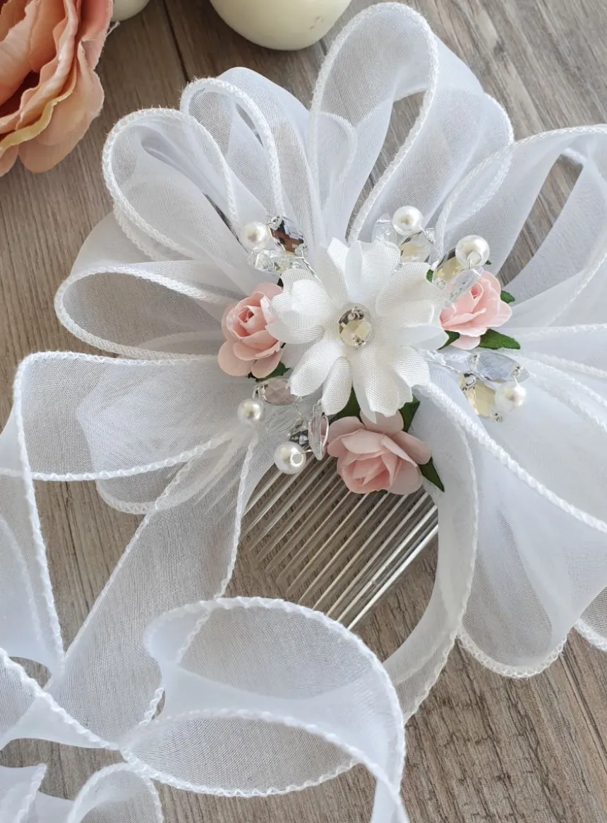 Peigne cheveux fleurs et ruban Blanc