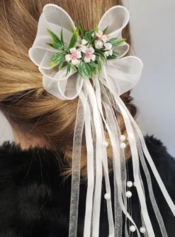 Peigne cheveux Ruban et fleurs avec feuillage Blanc