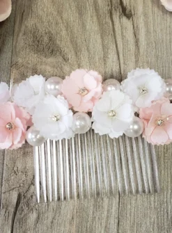 Peigne coiffure fleurs et perles Blanc