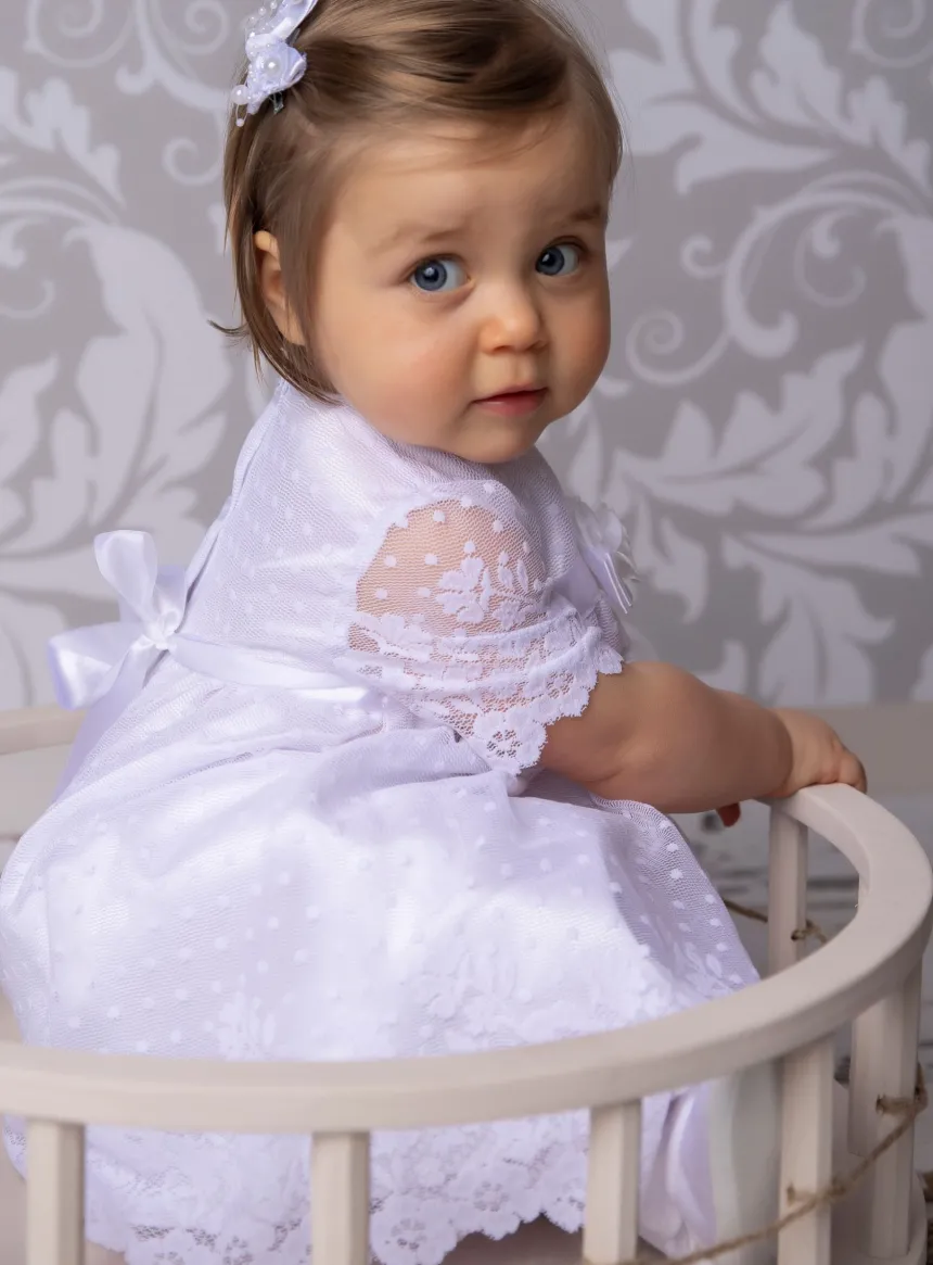Robe baptême fille + pantalon dentelle bébé fille