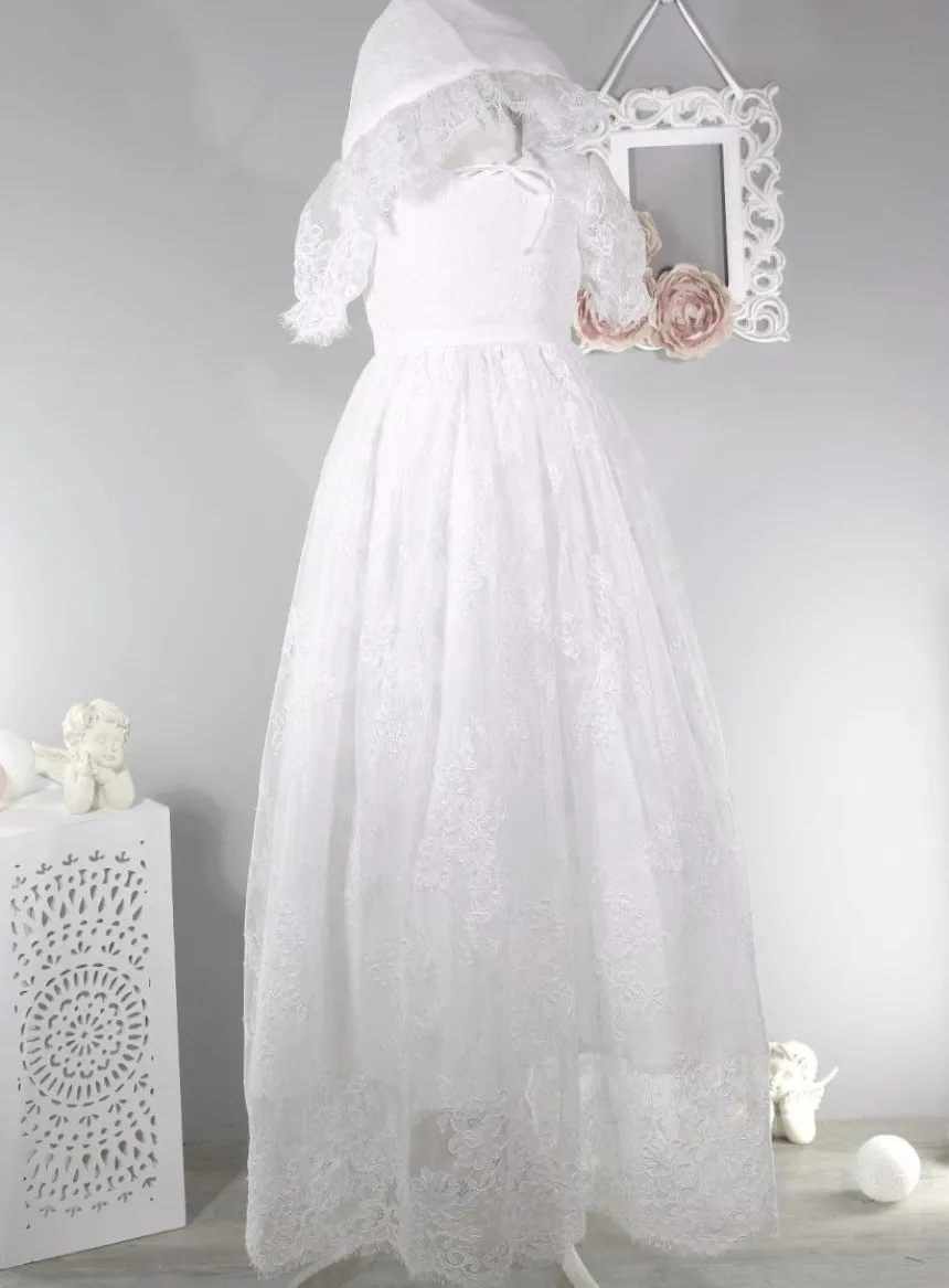 Robe baptême longue bébé fille dentelle fine + béguin