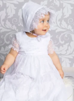 Robe baptême longue bébé fille dentelle fine + béguin