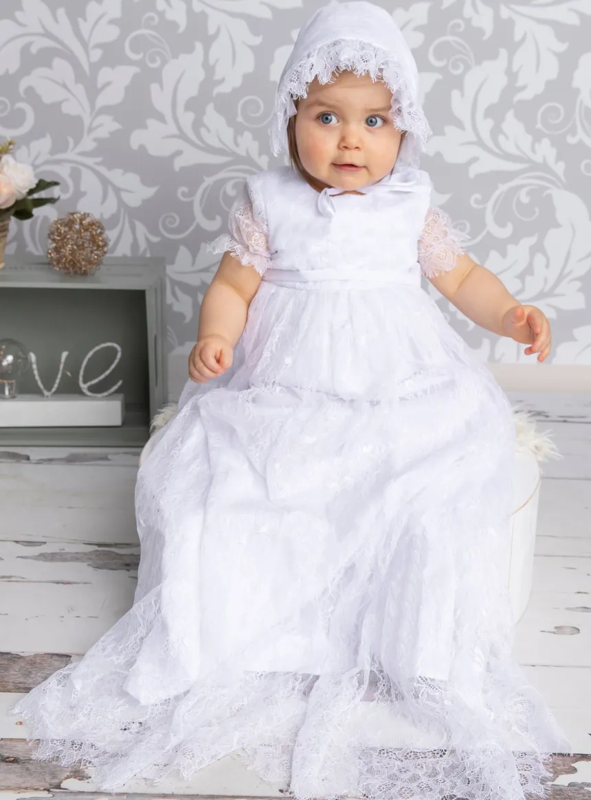 Robe baptême longue bébé fille dentelle fine + béguin