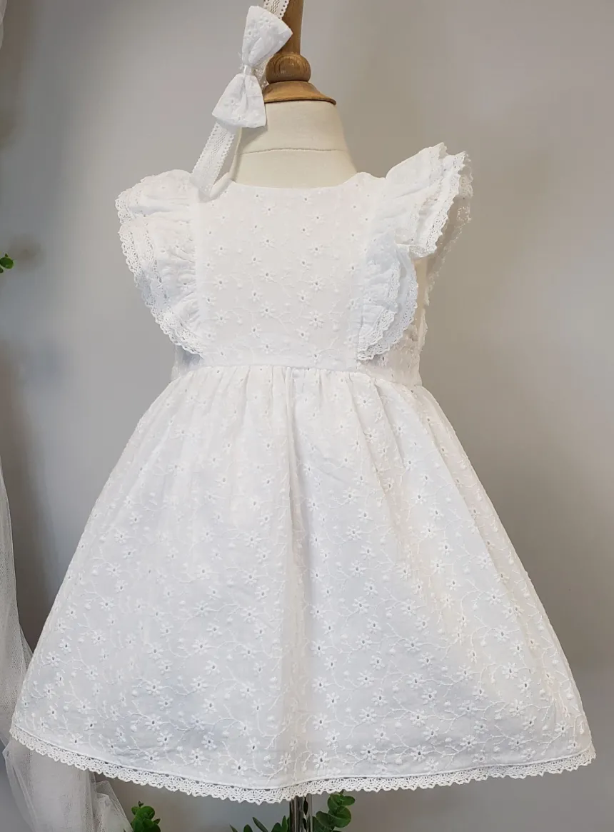 Robe coton broderie anglaise + bandeau Aria bébé fille