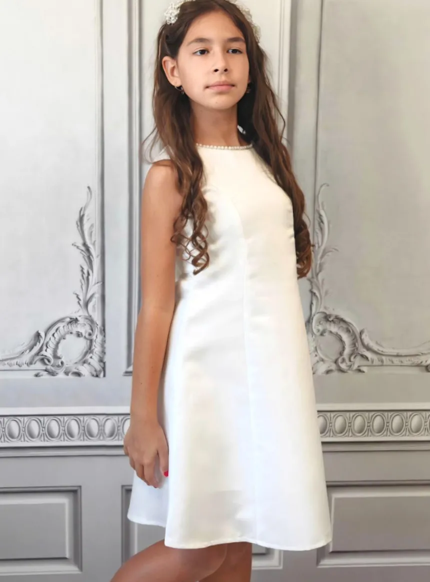 Robe courte de cérémonie fille ivoire avec perles et nœud au dos
