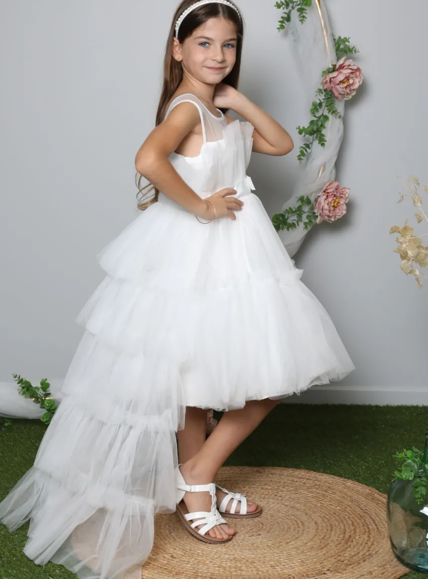Robe cérémonie avec traine amovible en tulle pour fille