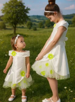 Robe cérémonie fille - bébé Pétale ivoire fleur vert anis Vert anis