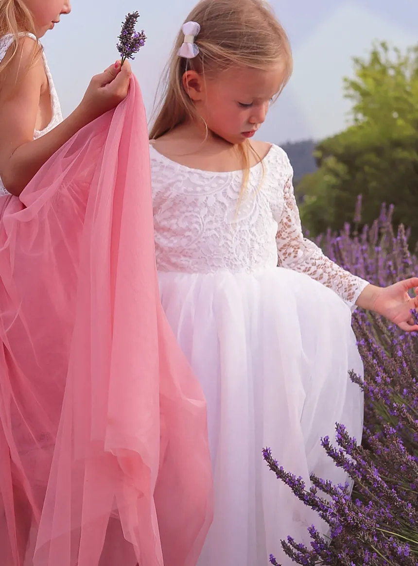 Robe cérémonie fille bustier en dentelle manches longues