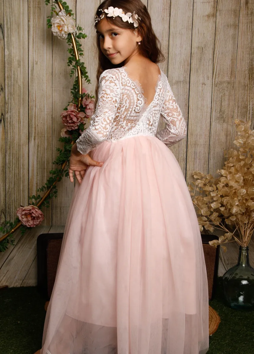Robe cérémonie fille bustier en dentelle manches longues