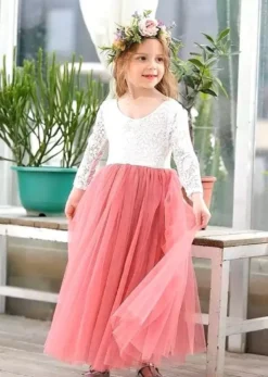 Robe cérémonie fille bustier en dentelle manches longues