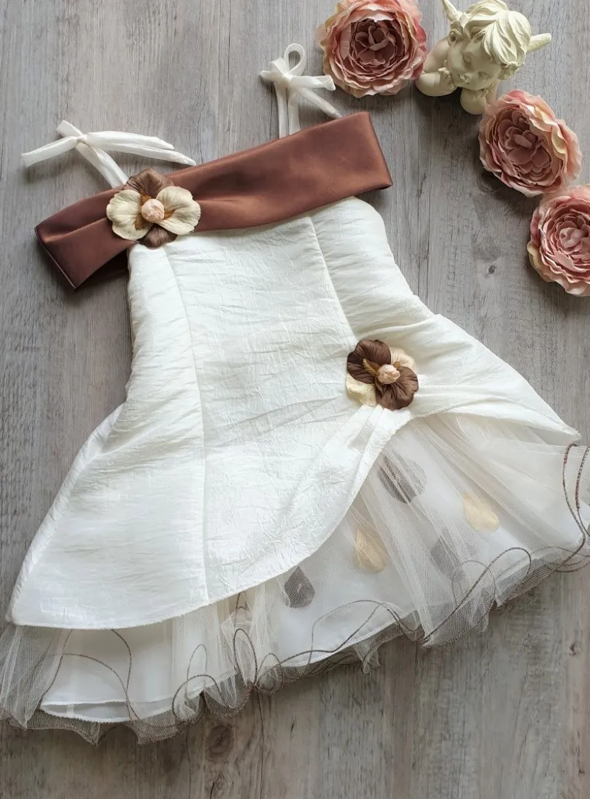 Robe cérémonie fille Pétale ivoire bandeaux choco Marron 6 mois