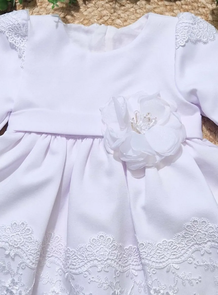 Robe de baptême bébé fille blanche manches longues en dentelle