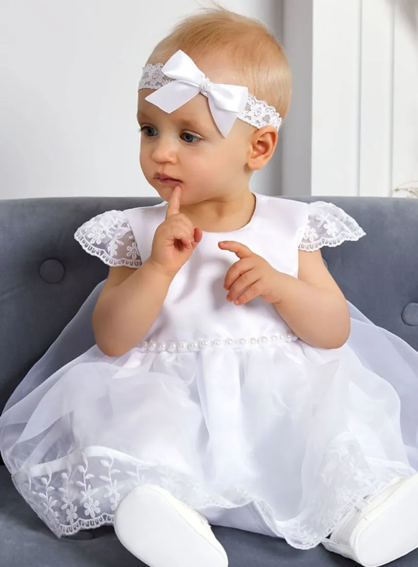 Robe de baptême blanche + bandeau Maëlle