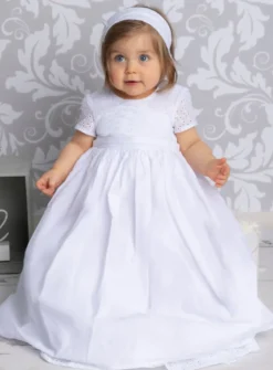 Robe de baptême longue bébé fille coton + bandeau