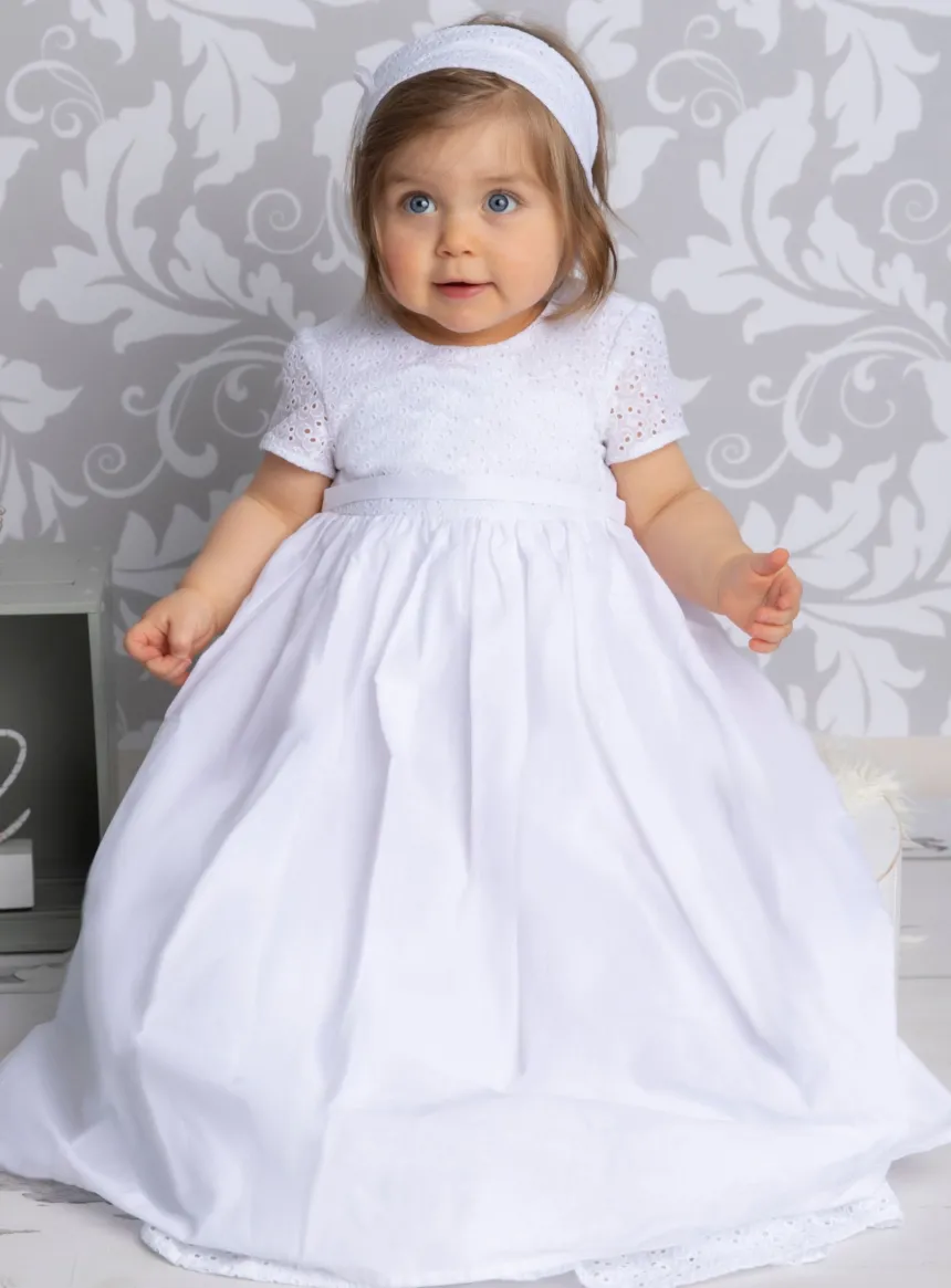 Robe de baptême longue bébé fille coton + bandeau