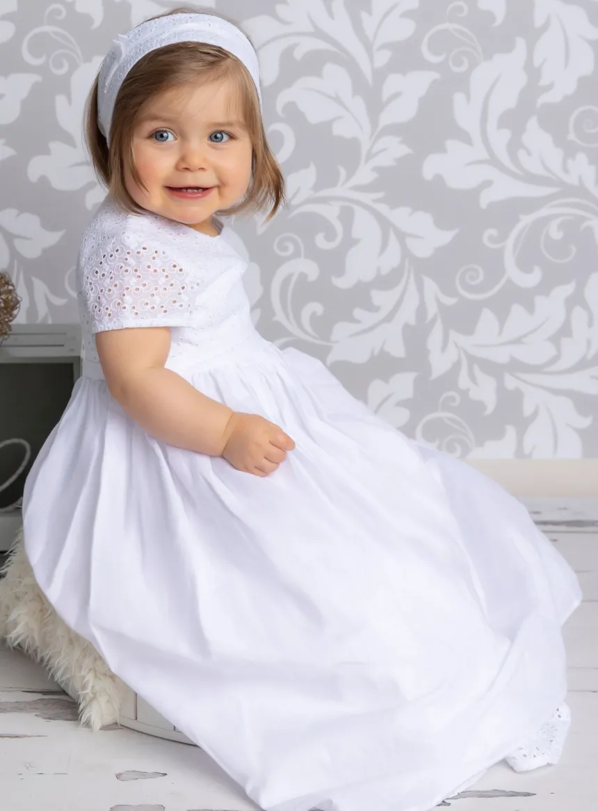 Robe de baptême longue bébé fille coton + bandeau