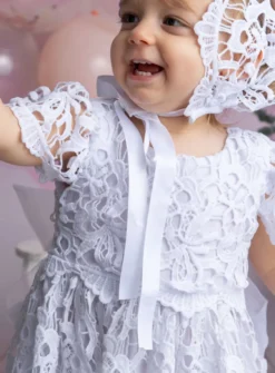 Robe de baptême longue dentelle + bonnet Mila