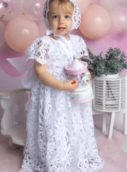 Robe de baptême longue dentelle + bonnet Mila