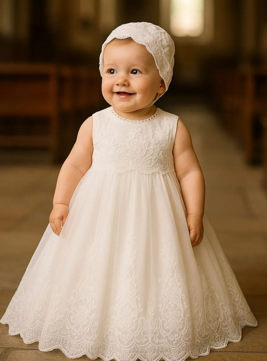 Robe de baptême longue et traditionnelle avec bonnet