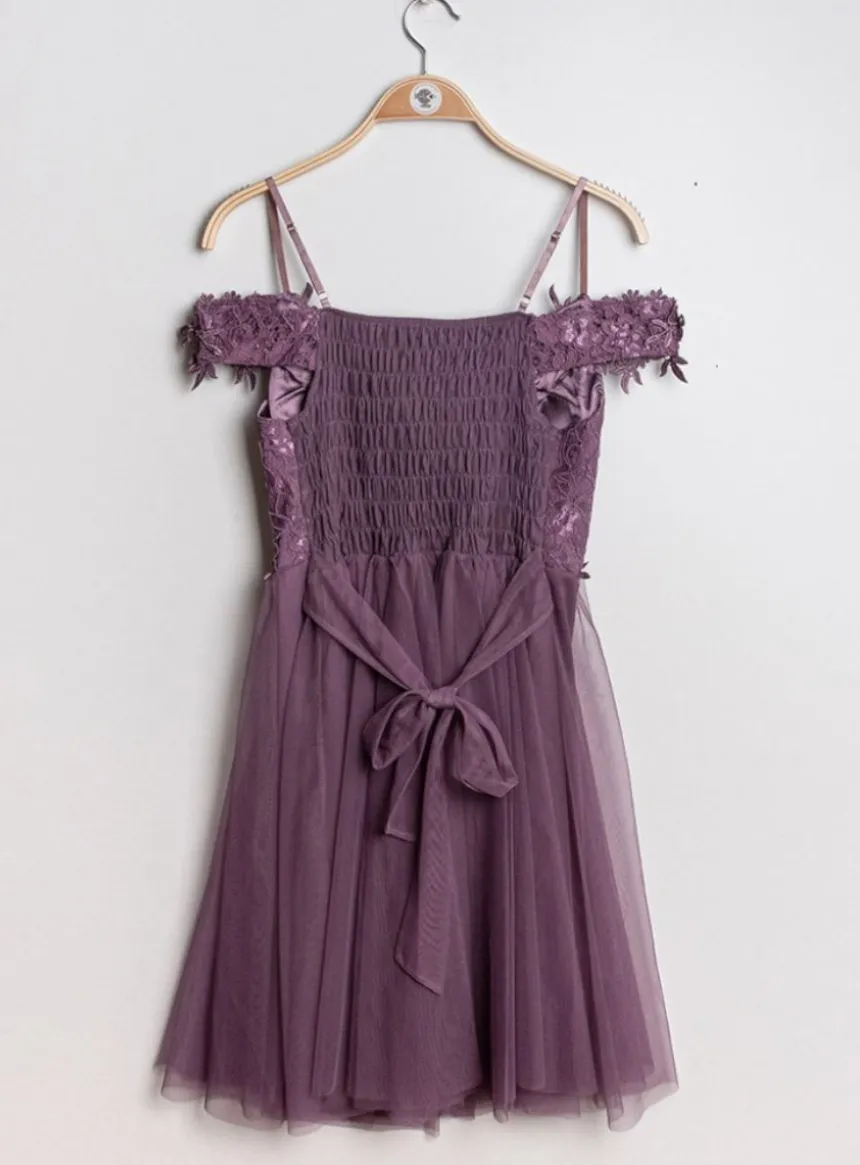 Robe de cocktail courte femme dentelle et mousseline