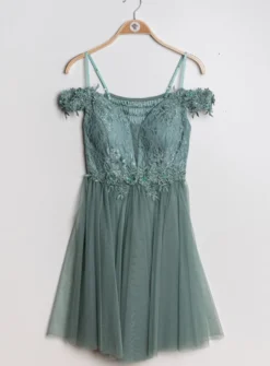 Robe de cocktail courte femme dentelle et mousseline