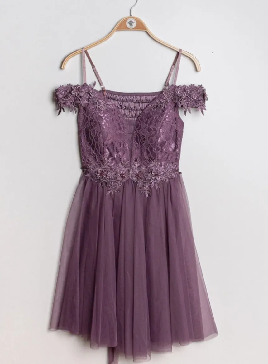 Robe de cocktail courte femme dentelle et mousseline