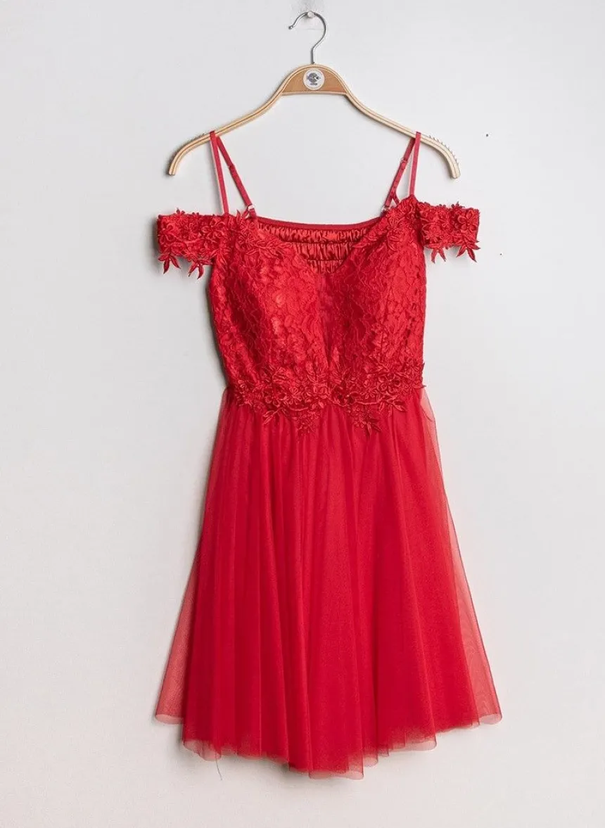 Robe de cocktail courte femme dentelle et mousseline