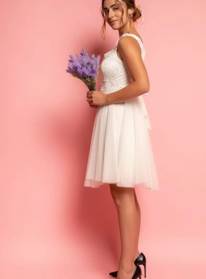 Robe de cocktail courte femme dentelle et mousseline