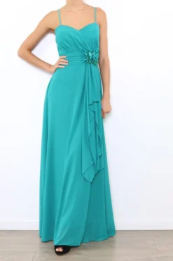 Robe de demoiselle d'honneur longue femme drapée fleur sur ceinture