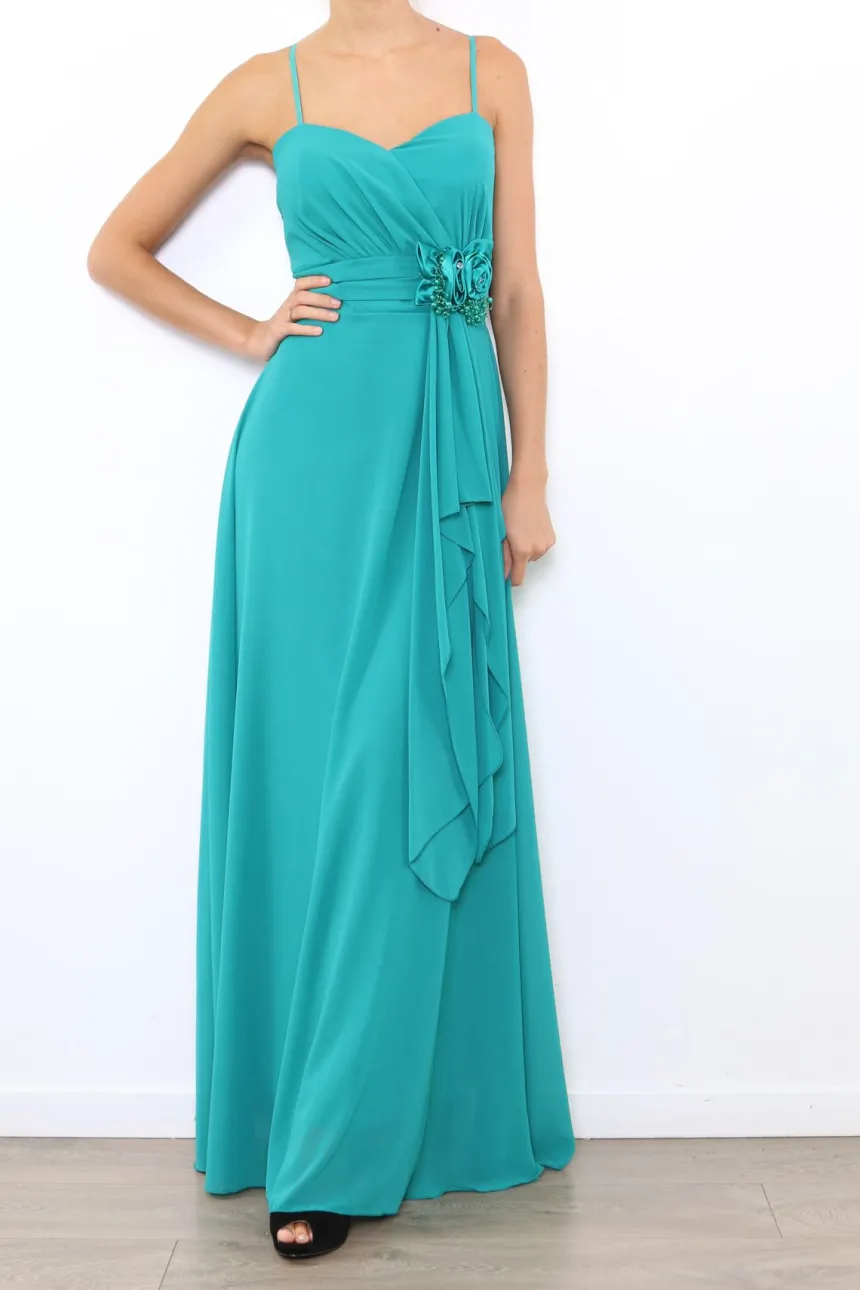 Robe de demoiselle d'honneur longue femme drapée fleur sur ceinture