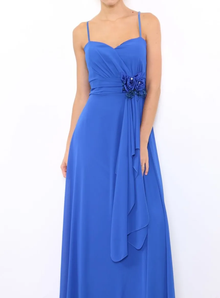 Robe de demoiselle d'honneur longue femme drapée fleur sur ceinture