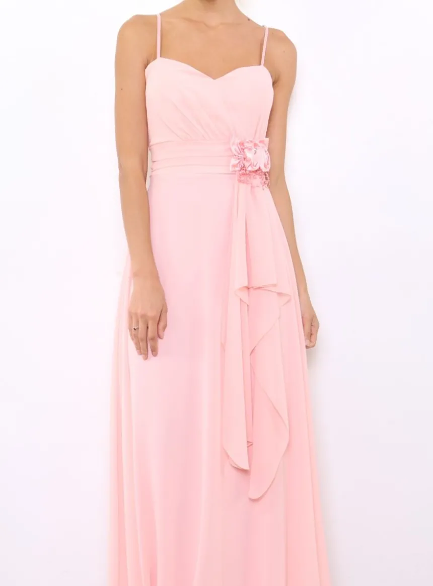 Robe de demoiselle d'honneur longue femme drapée fleur sur ceinture