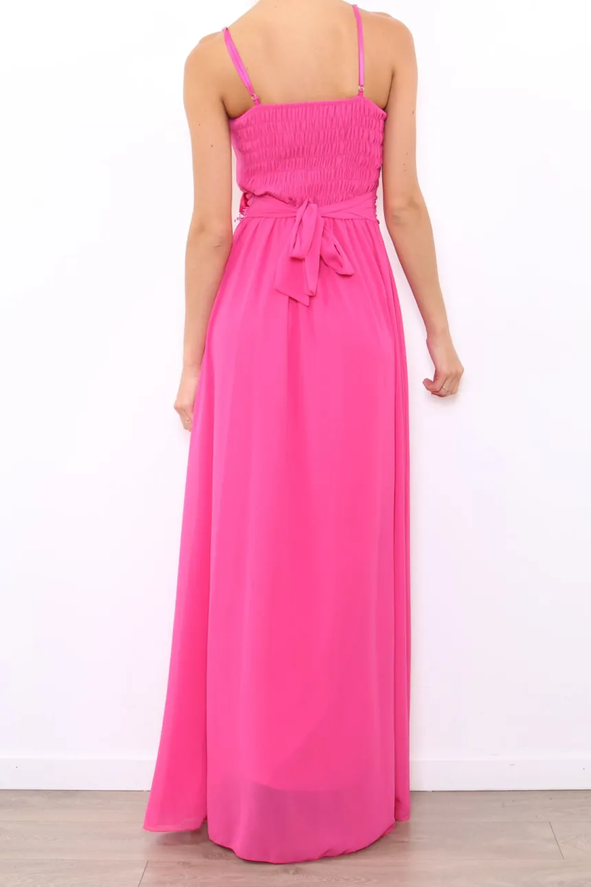 Robe de demoiselle d'honneur longue femme drapée fleur sur ceinture