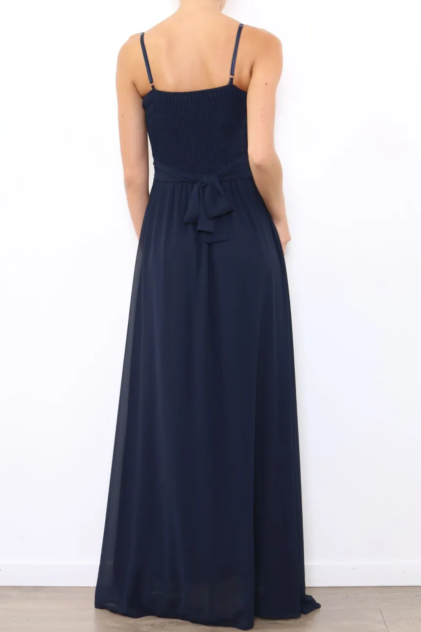 Robe de demoiselle d'honneur longue femme drapée fleur sur ceinture