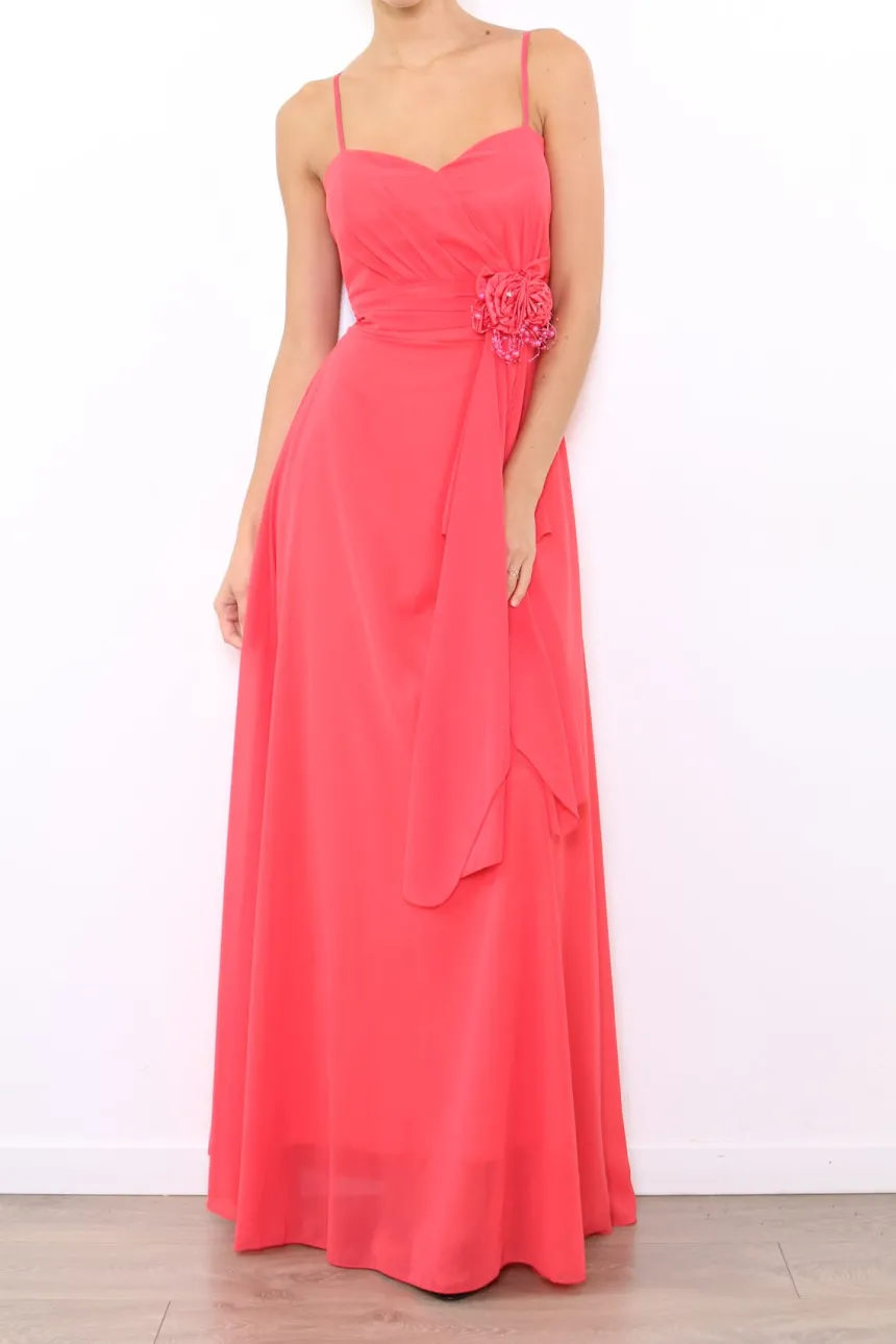 Robe de demoiselle d'honneur longue femme drapée fleur sur ceinture