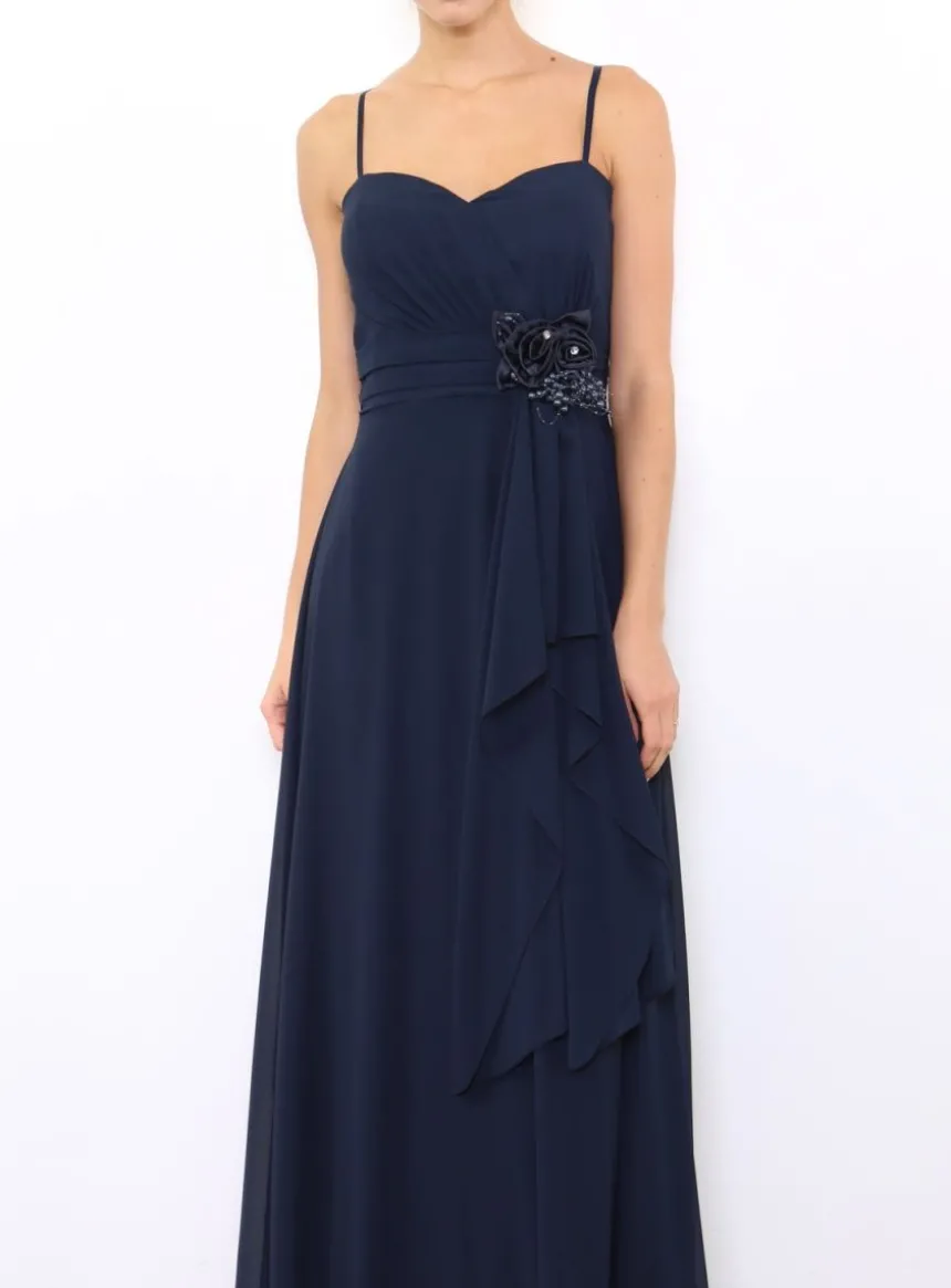 Robe de demoiselle d'honneur longue femme drapée fleur sur ceinture