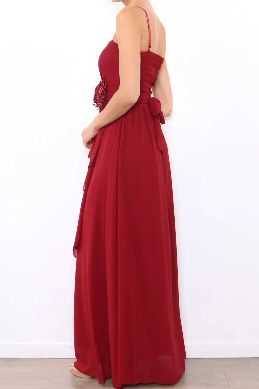 Robe de demoiselle d'honneur longue femme drapée fleur sur ceinture