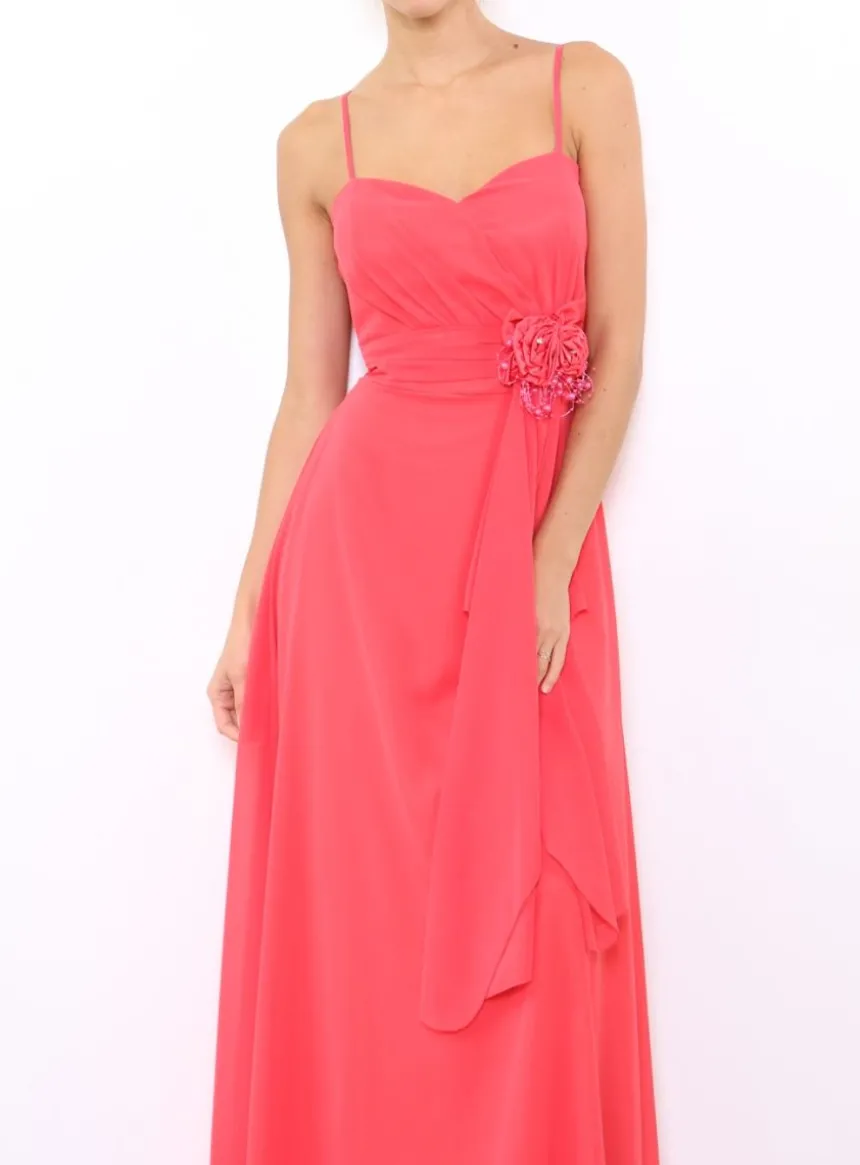 Robe de demoiselle d'honneur longue femme drapée fleur sur ceinture