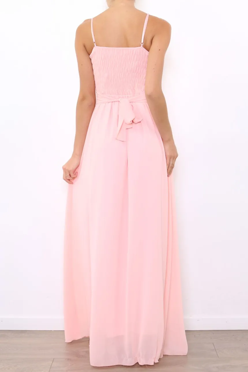 Robe de demoiselle d'honneur longue femme drapée fleur sur ceinture
