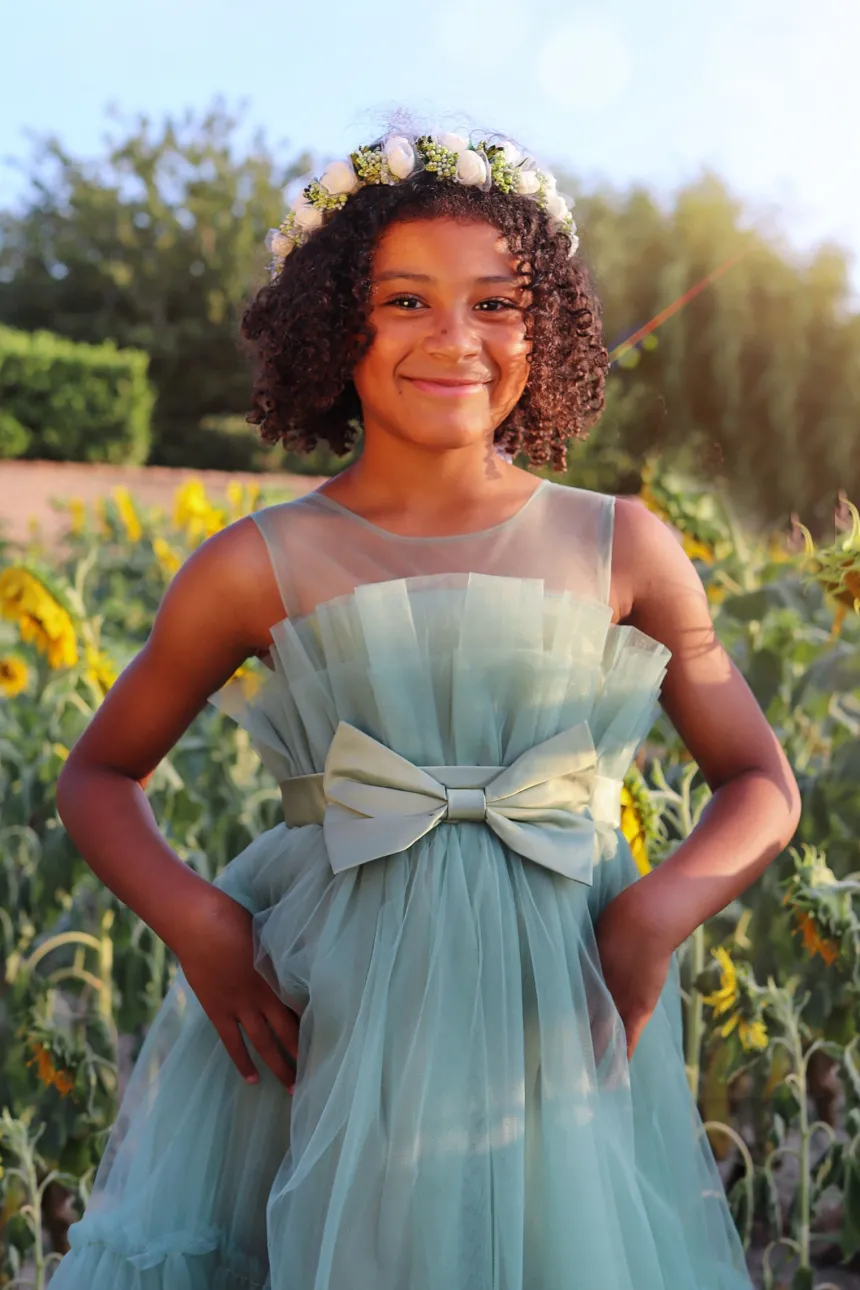 Robe mariage fille en tulle vert sauge