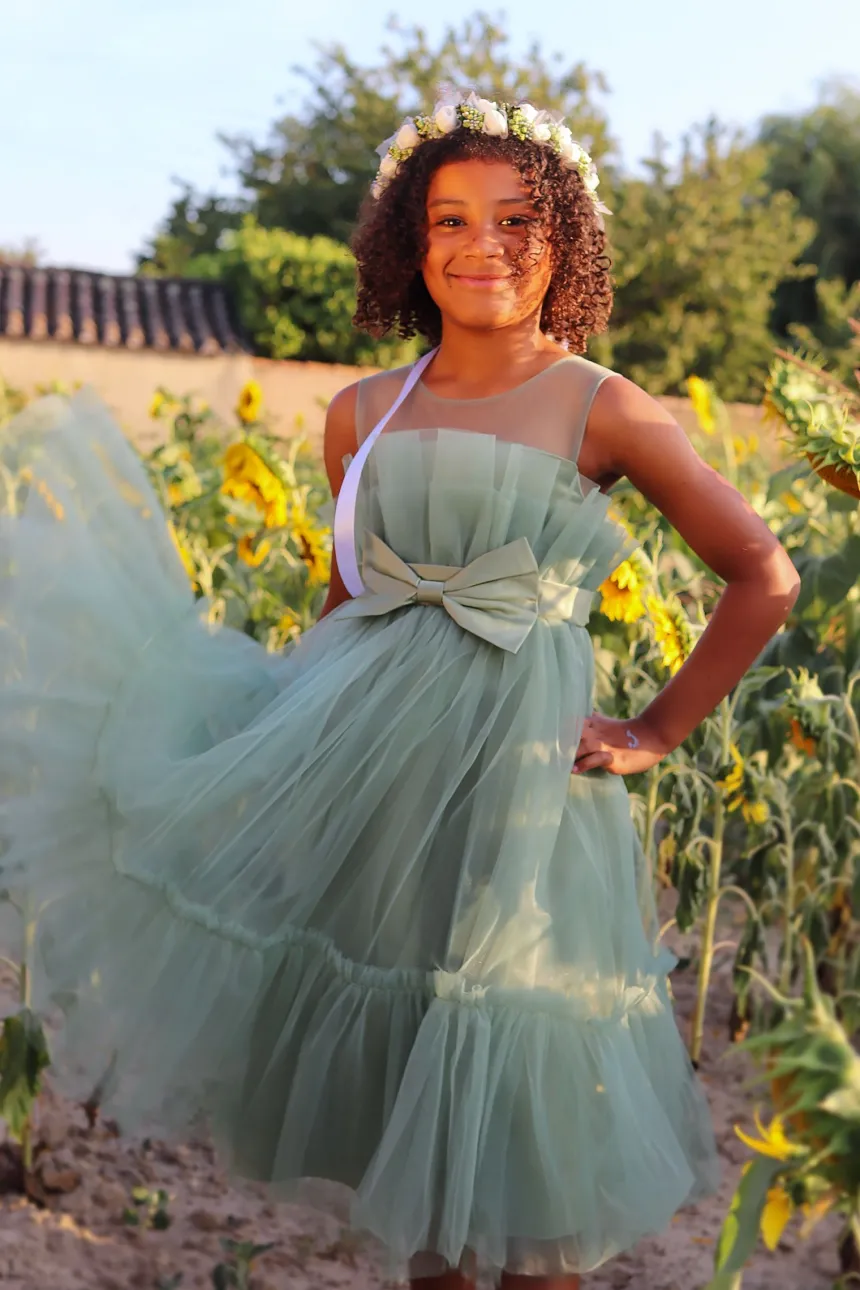 Robe mariage fille en tulle vert sauge