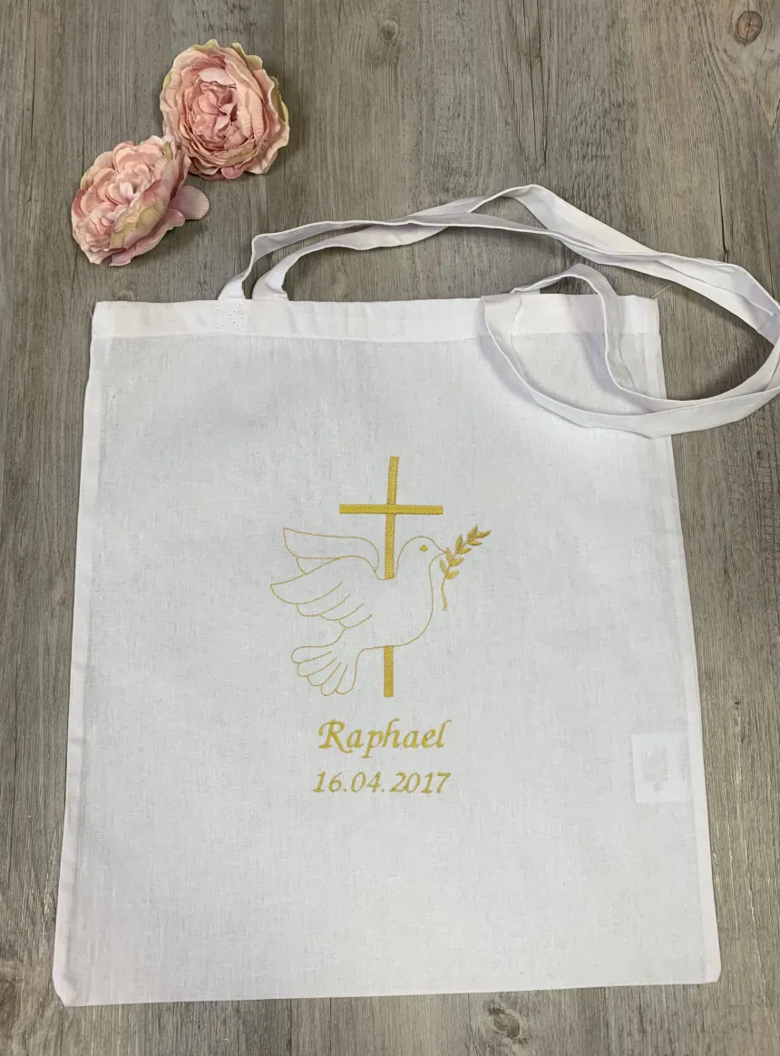 Sac tote bag de cérémonie Croix et Colombe brodées